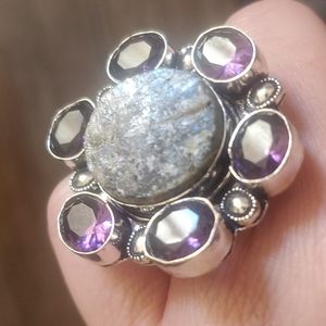New Oversized Natural Labradorite & Amethyst 925 Silver Statement Ring.